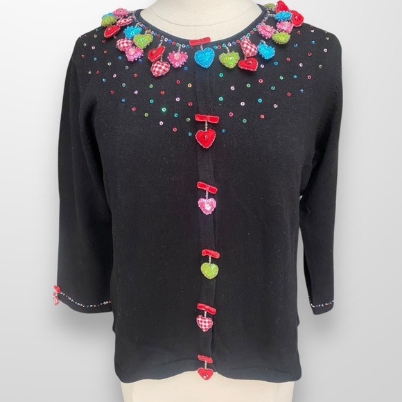 Jack B. Quick Vintage Medium Valentine Hearts Sequin Beaded Cardigan Sweater - Picture 1 of 8